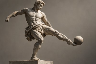 ancient greek athlete kicking a ball with his foot