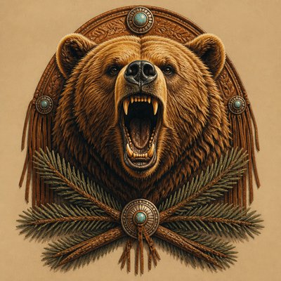 a roaring bear head above crossed pine branches, bold graphic composition on a plain background, no text