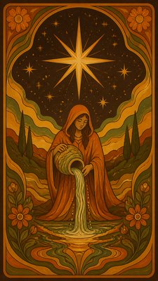 a robed figure pouring water beneath a large eight-pointed star in a night sky, symmetrical composition with an ornate decorative border, no text