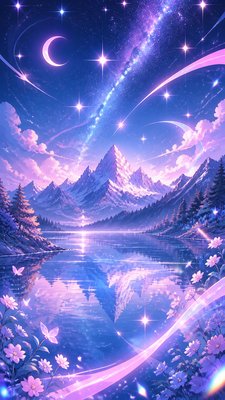 a tranquil mountain lake beneath a starry night sky, no people, no text