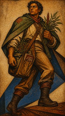 full-body original character: a wandering botanist with a satchel of plants, a patched green cloak, tall boots and round glasses, neutral background