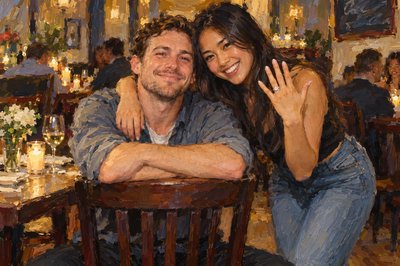 In a restaurant we see a young couple facing the camera.  The man is caucasian and she is Asian.  She stands beside him as he sits on a restaurant chair.  The chair is backwards, and his arms are folded on top of the chair's back.  She has her right arm draped around his neck, as she holds her left hand out to display a brand new engagement ring.  She is bending down and her head is next to his.  They are very casual and both smiling. It looks like he might have just "popped the question!"
 This is the most wonderful day!