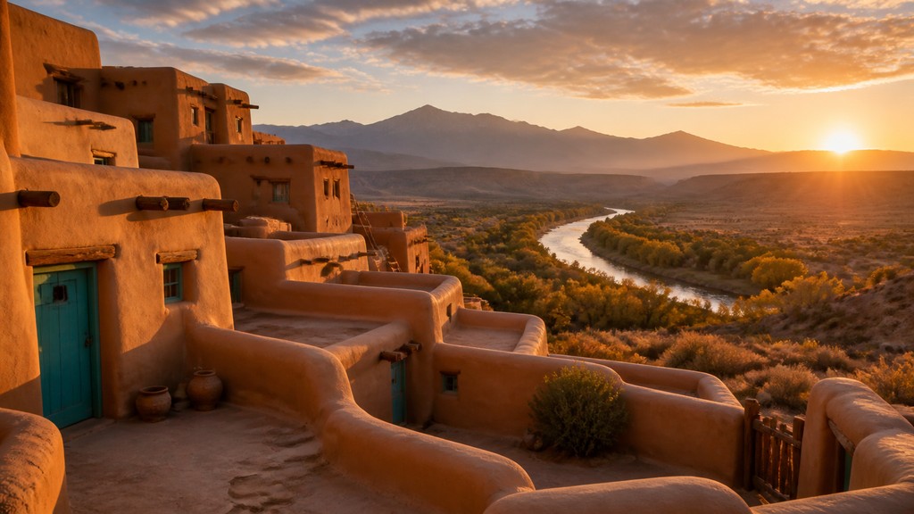 a vast valley with a river winding toward distant mountains at sunrise, no people, no text