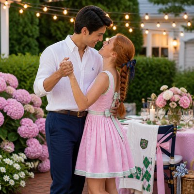 an original couple dancing under string lights in a garden at dusk: a man with short black hair in a linen shirt and a woman with braided red hair in a summer dress