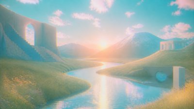a vast valley with a river winding toward distant mountains at sunrise, no people, no text