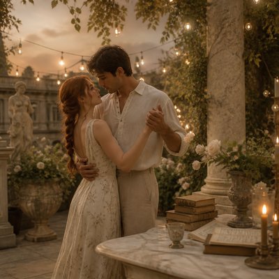 an original couple dancing under string lights in a garden at dusk: a man with short black hair in a linen shirt and a woman with braided red hair in a summer dress