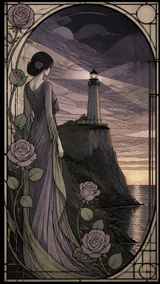 a lone lighthouse on a cliff at dusk under a dramatic sky, no text or lettering