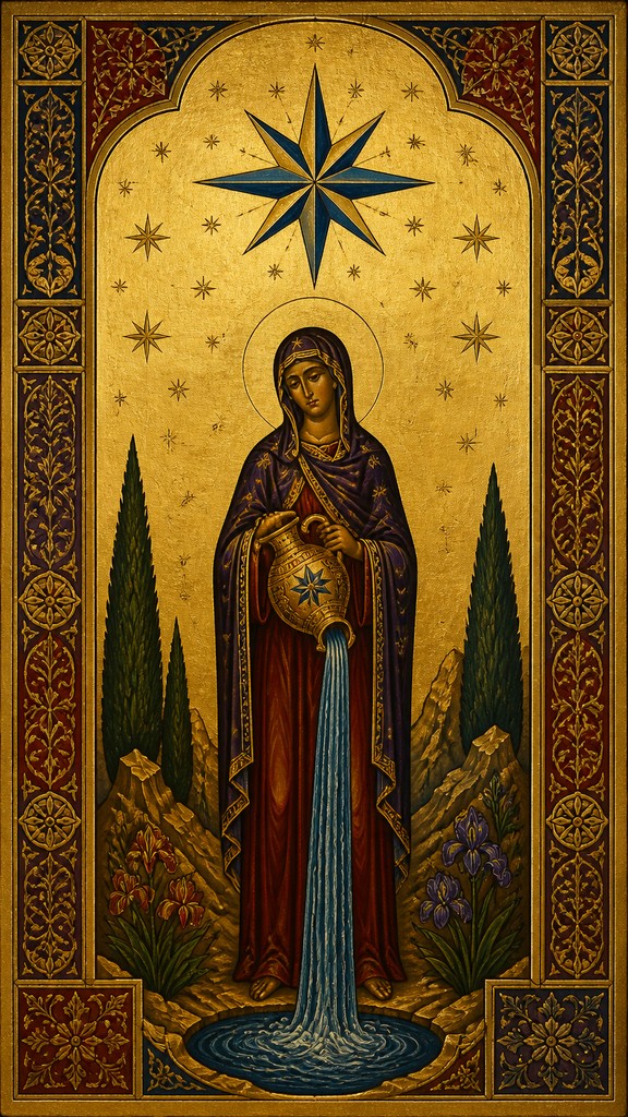 a robed figure pouring water beneath a large eight-pointed star in a night sky, symmetrical composition with an ornate decorative border, no text