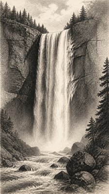 towering waterfall cascading down a cliff