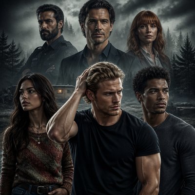 Ok tu me fait 7 personnages de roman , on va commencer avec un homme dans la trentaine tres beau il est blond, il passe sa main dans ses cheveux, on voit le biceps il est en T-shirt avec un jean à côté de lui, il se trouve un autre mec métisse hyper séduisant a sa gauche , lui aussi décontracté. Ensuite, je veux qu’à droite tu me dessines une femme dans la vingtaine, très magnifique aussi brune, habillé un peu en mode pull color jean elle a genre un collier etc. Tres yong adulte en hauteur derrière eux. Donc pas vraiment genre sur le sol, c’est plus une image de tous les persos comme un roman un policier dans les 30 ans, et alors là je veux que tu m’écoutes un autre homme à peu près la 40, les cheveux noirs un peu gris bouclé, sur les côtés, il a pas de lunettes il est en chemise, on dirait un peu un maire de la ville un daddy pas de barbe, pas de moustache. Il a l’air pas gros, mais pas maigre. Juste un air de Daddy. Et enfin un troisième personnage, une femme dans la trentaine quarantaine avec une frange qui a l’air d’être un peu secrétaire ou je sais pas quoi elle est rousse. Une ambiance assez froide avec un brouillard glaçant autour de une forêt, un caravane je sais pas une ambiance vraiment inquiétante et vraiment je veux une ambiance comme si on parlait d’un roman genre les trois personnes en haut, ils sont petits enfin ils sont représentés en plus petit que les trois les mais ils sont genre en haut, tu vois genre, on voit pas leurs gens et etc. comme une affiche en gros ils sont pas genre sur une montagne les trois premiers personnages, ils sont vraiment sur le sol quoi genre, on voit pas le sol, mais on voit qu’ils sont les uns derrière les autres la fille à gauche le mec noir à droite le blond devant il regarde tous faire un point fixe comme si il courait ou je sais pas le policier, je veux qu’il soit pas comme les autres, genre un policier avec une barbe, les cheveux noirs mais le mien, et le daddy je ne veux en aucun cas qu’il est les cheveux gris, j’ai bien dit les cheveux noirs assez milong bouclé