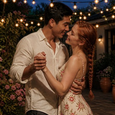 an original couple dancing under string lights in a garden at dusk: a man with short black hair in a linen shirt and a woman with braided red hair in a summer dress
