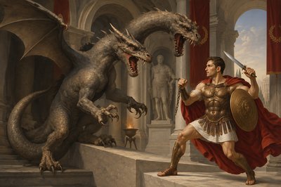 a painting of a man holding a sword next to a dragon