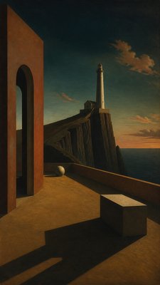 a lone lighthouse on a cliff at dusk under a dramatic sky, no text or lettering
