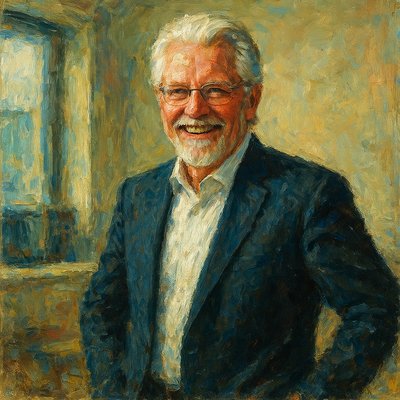 a painting of a man in a suit smiling