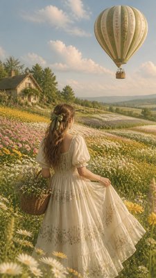 a hot air balloon drifting over rolling flower fields on a sunny day, cheerful, no text