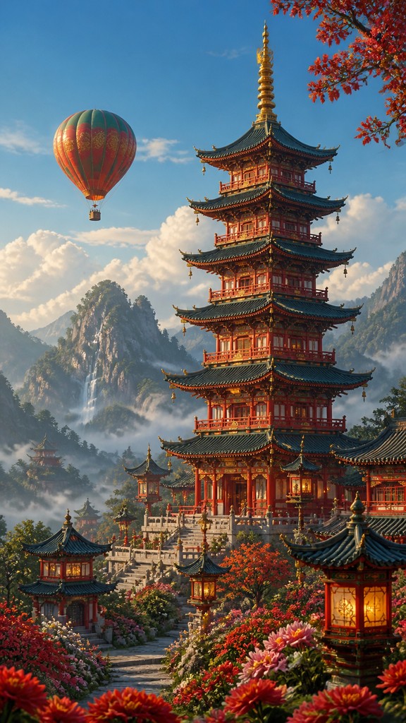 a hot air balloon drifting over rolling flower fields on a sunny day, cheerful, no text