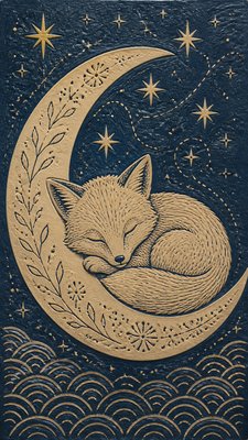 a sleeping baby fox curled on a crescent moon among soft stars, gentle and warm, no text