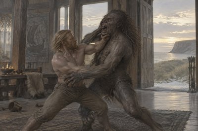 Beowulf without any armor or weapons fights Grendel with his bare hands
