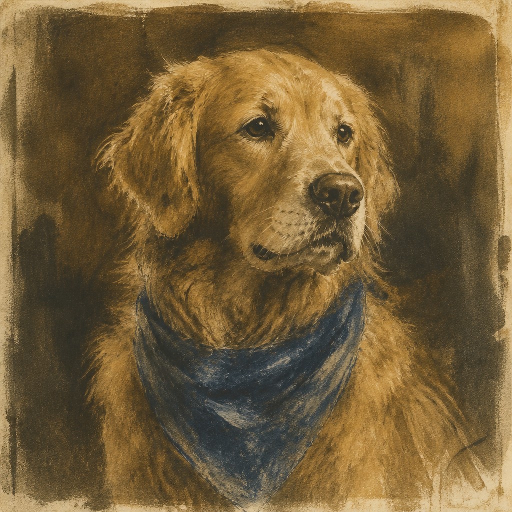portrait of a golden retriever wearing a blue bandana, warm plain backdrop, no text