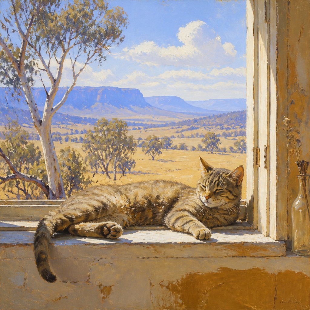 a cat lounging in a sunlit window — Australian Art Style