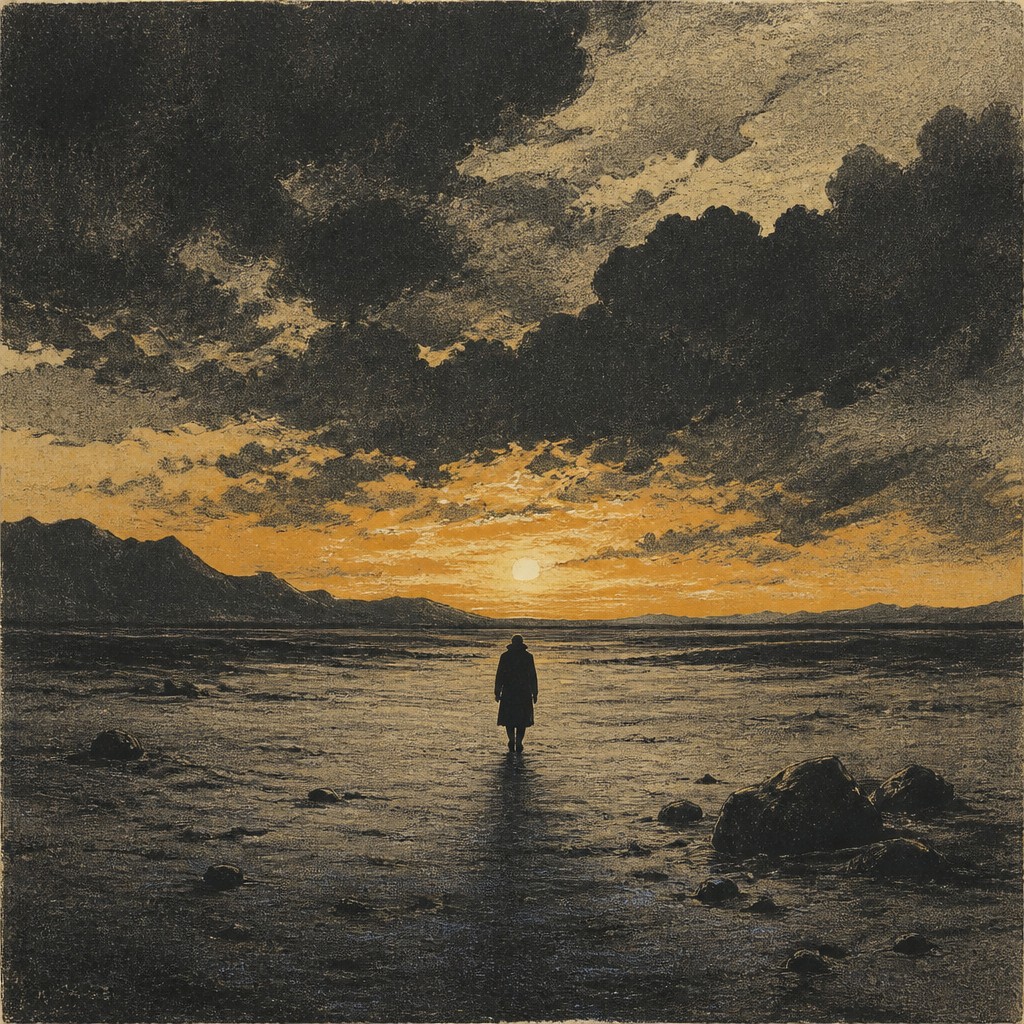 a solitary figure walking toward a glowing horizon across an empty plain, moody atmosphere, no text or lettering