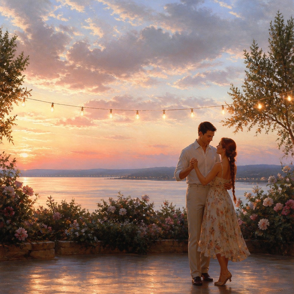 an original couple dancing under string lights in a garden at dusk: a man with short black hair in a linen shirt and a woman with braided red hair in a summer dress