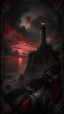 a lone lighthouse on a cliff at dusk under a dramatic sky, no text or lettering