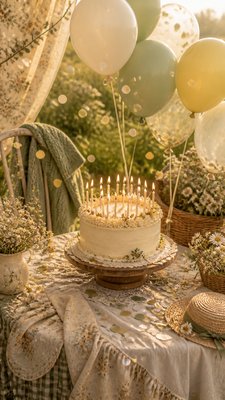 a birthday cake with lit candles surrounded by balloons and confetti, festive vertical composition, no text