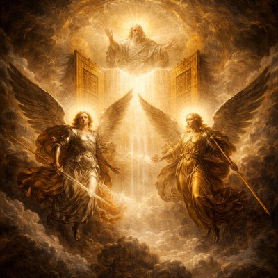 “Then the all-glorious, all-powerful, and true God, displayed his holy countenance, and opened the gates of heaven, from which two angels, dreadful of form, came down and were visible to all but the Jews.” (3 Maccabees 6:18, Brenton)
