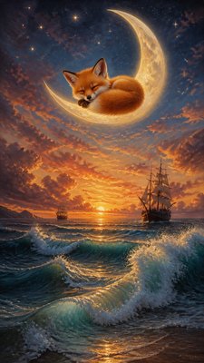 a sleeping baby fox curled on a crescent moon among soft stars, gentle and warm, no text