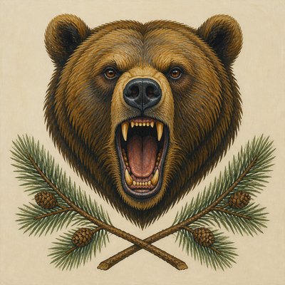 a roaring bear head above crossed pine branches, bold graphic composition on a plain background, no text