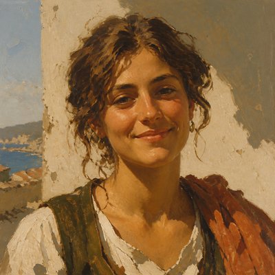head-and-shoulders portrait of an original character: a young woman with wavy chestnut hair and a warm smile, plain soft backdrop