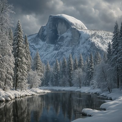 Photorealism Art Style, a serene winter landscape of Yosemite National Park featuring Half Dome majestically covered in pristine snow, under a dramatic, cloudy sky. The foreground is a tranquil expanse of snow-covered pine trees and a partially frozen Merced River. Soft, diffused light highlights the textures of the snow and the stark beauty of the granite. The atmosphere is quiet, cold, and awe-inspiring, emphasizing the park's stark winter beauty. Focus on snow textures, dramatic lighting, and the silence of winter.