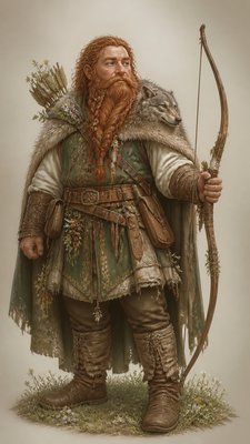 full-body original character: a dwarven ranger with a braided auburn beard, worn leather armor, a longbow and a wolf-pelt cloak, neutral background, no text