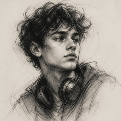 head-and-shoulders portrait of an original character: a young man with curly dark hair and headphones around his neck, plain backdrop, no text