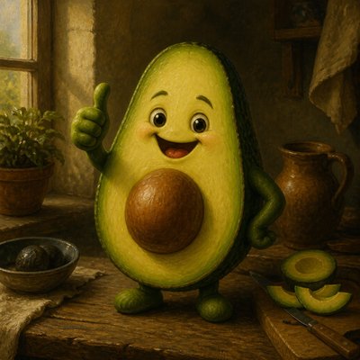 a happy avocado character giving a thumbs up, bold readable design on a plain background, no text