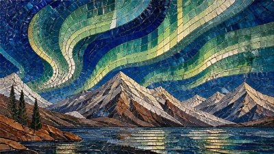 a flowing aurora over snowy peaks, wide sweeping composition, no people, no text
