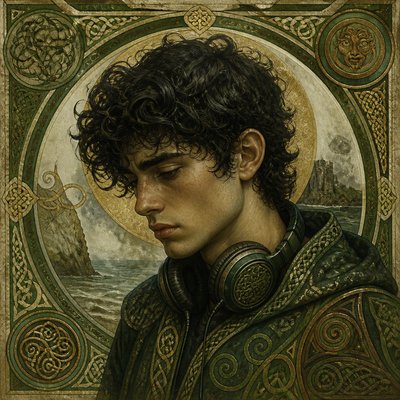 head-and-shoulders portrait of an original character: a young man with curly dark hair and headphones around his neck, plain backdrop, no text