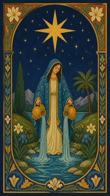 a robed figure pouring water beneath a large eight-pointed star in a night sky, symmetrical composition with an ornate decorative border, no text