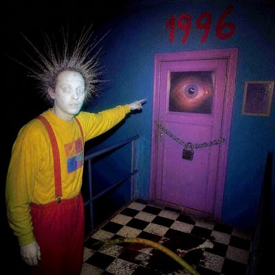A stranger with static hair pointing at a locked door