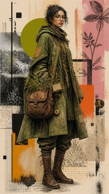 full-body original character: a wandering botanist with a satchel of plants, a patched green cloak, tall boots and round glasses, neutral background