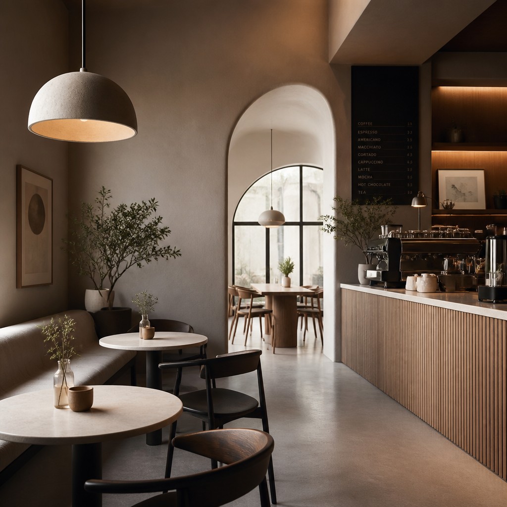 cozy cafe interior with warm lighting
