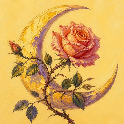 a rose entwined with a crescent moon, clean balanced composition on a plain background, no text