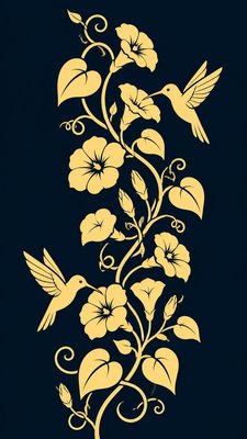 a climbing vine of flowers and hummingbirds on a dark background, tall wrapping composition, no text