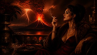 an erupting volcano with lightning strikes, dramatic wide composition, no text