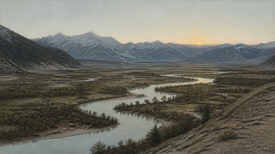 a vast valley with a river winding toward distant mountains at sunrise, no people, no text