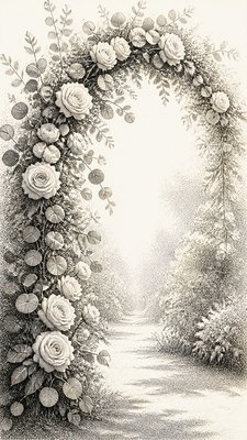 an arch of white roses and eucalyptus in soft morning light, elegant vertical composition with open space, no text