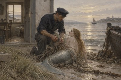 a sailor rescues a mermaid trapped in a fishing net