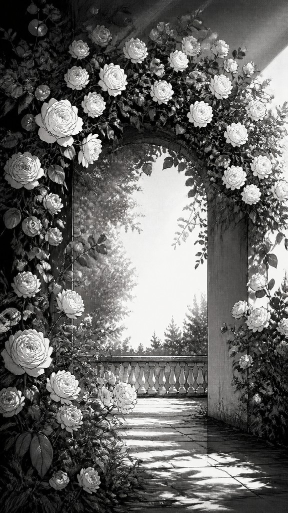 an arch of white roses and eucalyptus in soft morning light, elegant vertical composition with open space, no text