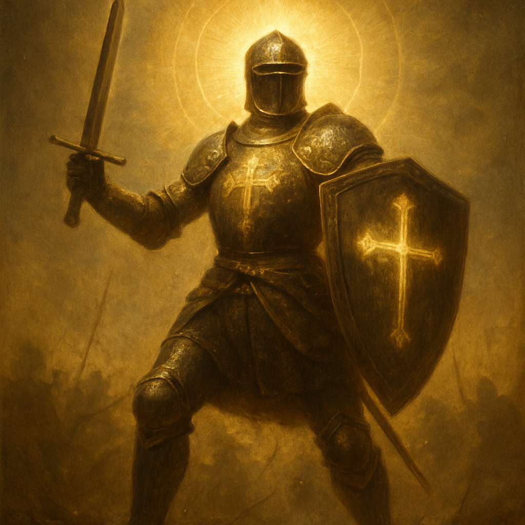Create a hyper-realistic image with slight surreal elements and extreme detail of a medieval battlefield viewed from a worm's eye perspective, looking up at a fierce warrior in full plate armor, including a visored helmet that obscures his face, standing in a defensive battle stance with a gleaming longsword raised in one hand and a sturdy shield emblazoned with glowing cross emblems in the other, his armor radiating ethereal light from intricate cross motifs.
